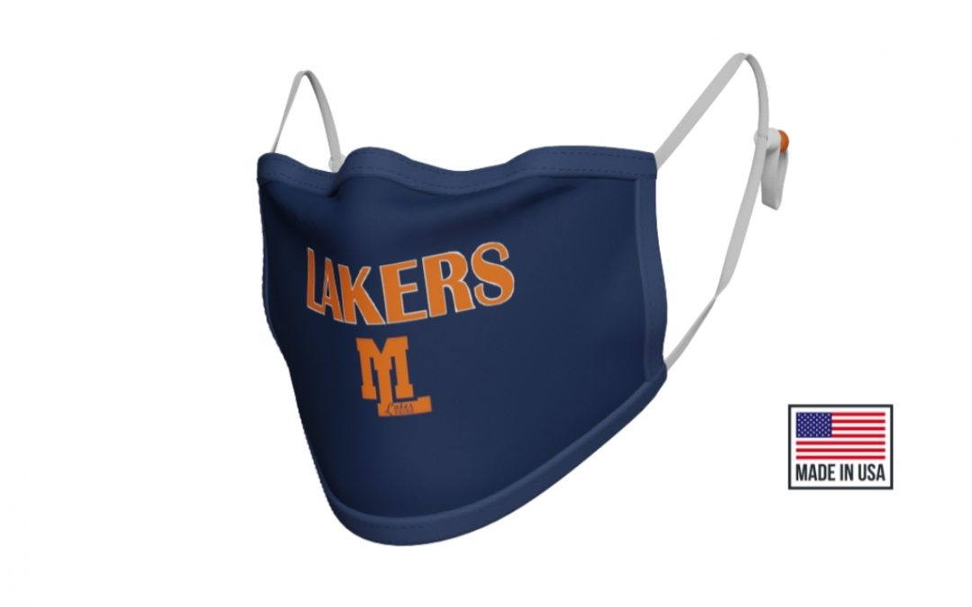 Blue Lakers mask with orange lettering and ML logo.